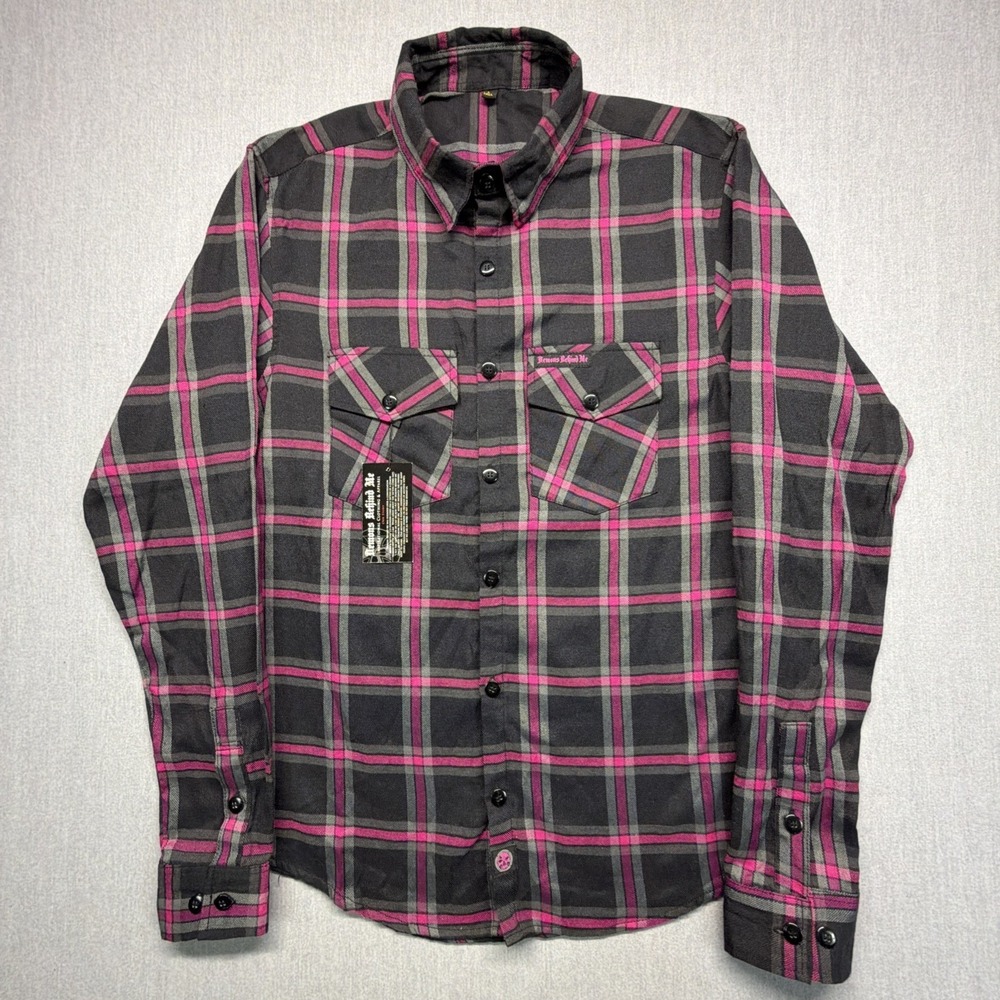 Demons Behind Me Black Pink Plaid Motorcycle Flannel Shirt Skull Logo L  Tall